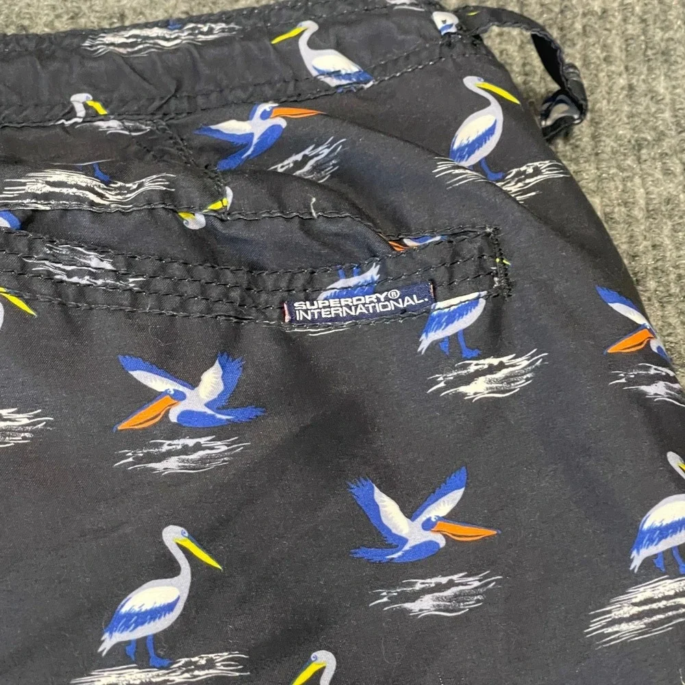 Superdry Pelican Print Swim Shorts Mens L Navy Blue Excellent Mesh‎ Lined Trunks